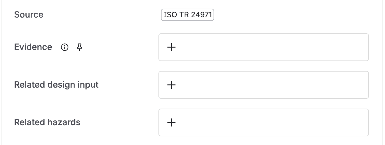 The link fields on a safety characteristic: the Source it came from, Evidence, Related design input, and Related hazards.