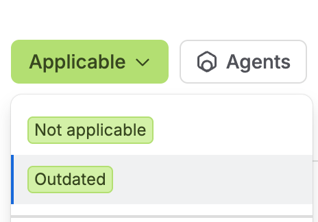 The status dropdown on a characteristic already ruled Applicable, offering only Not applicable and Outdated.
