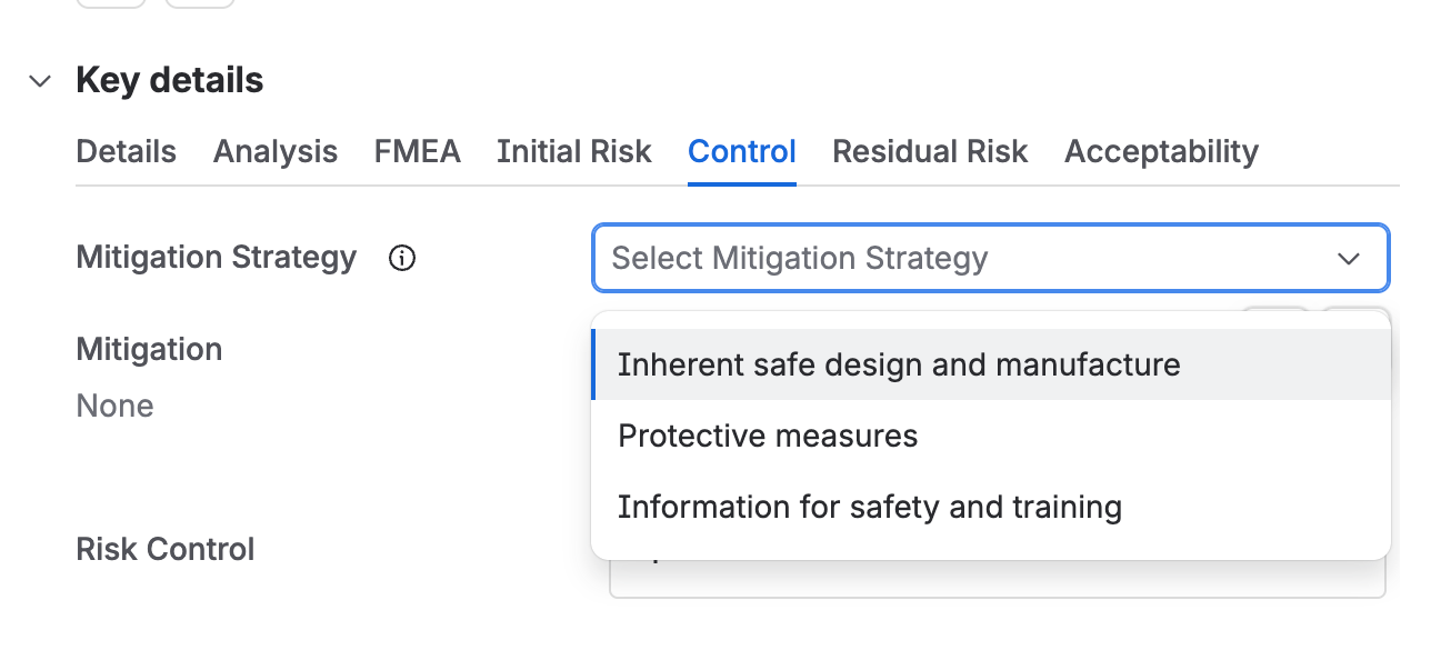 The Control tab with the Mitigation Strategy field open, offering inherent safe design and manufacture, protective measures, and information for safety and training.