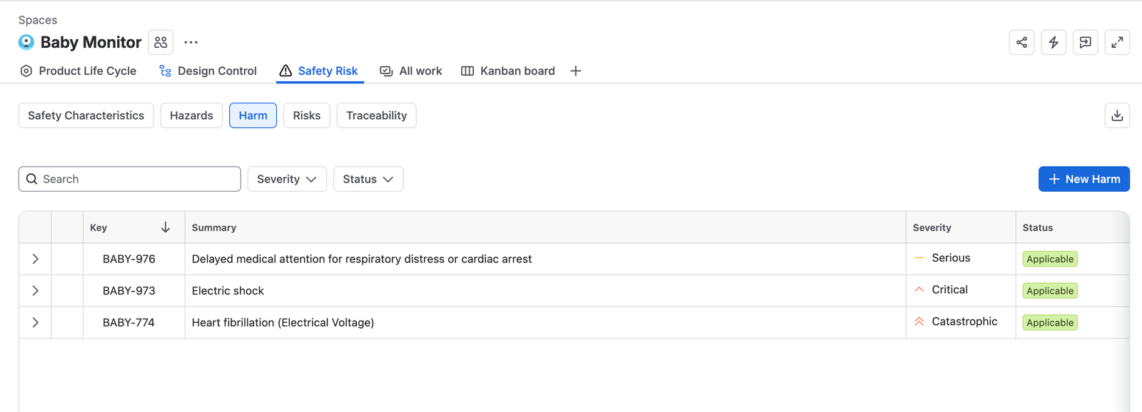 The Harm tab, listing three harms with their severity and status, and filters for severity and status above the table.