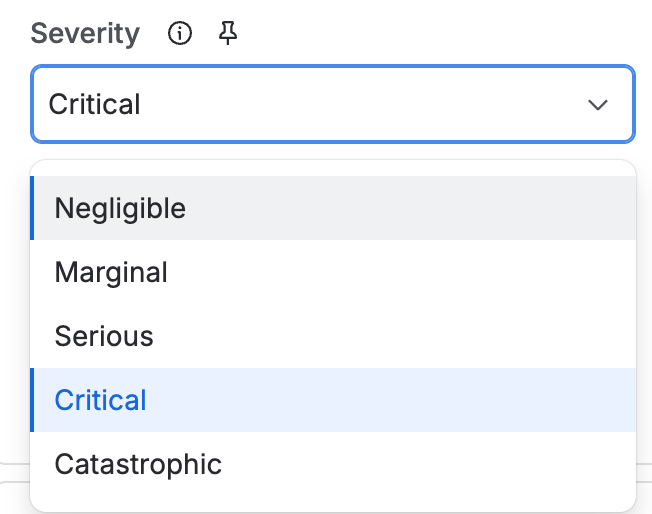 The Severity field open on a harm, offering Negligible, Marginal, Serious, Critical, and Catastrophic.