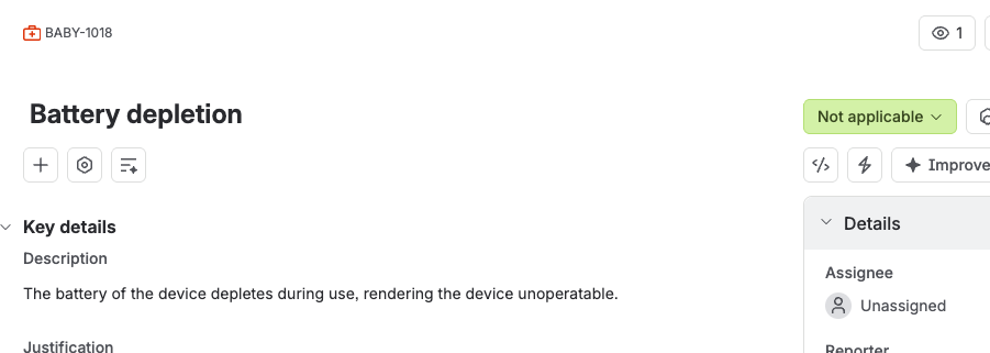 A harm ruled Not applicable, with the description explaining that the battery depletes during use.