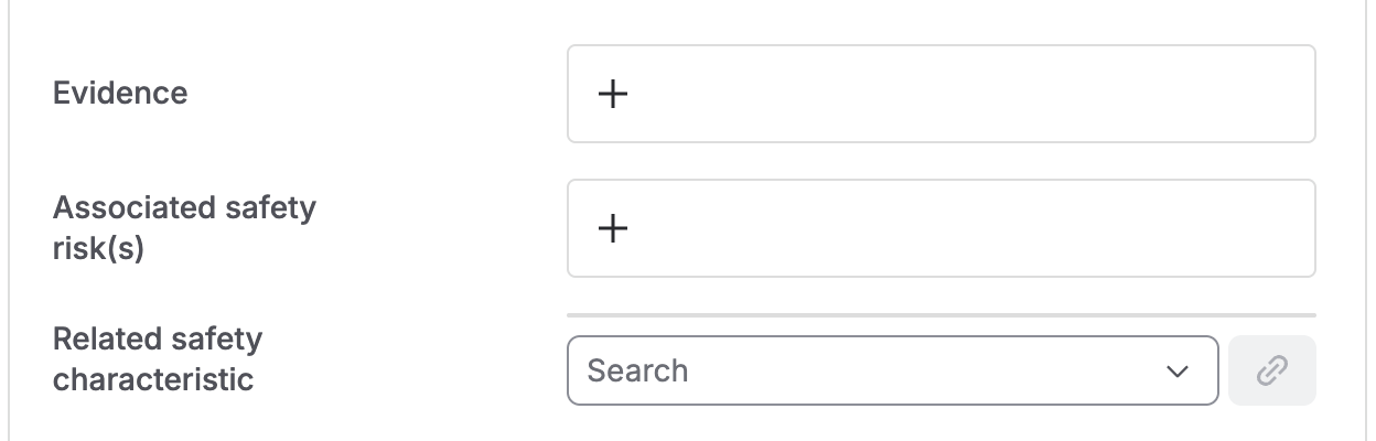 The link fields on a hazard: Evidence, Associated safety risks, and a searchable Related safety characteristic.