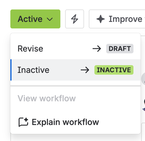 The status menu on an active curriculum, offering Inactive.