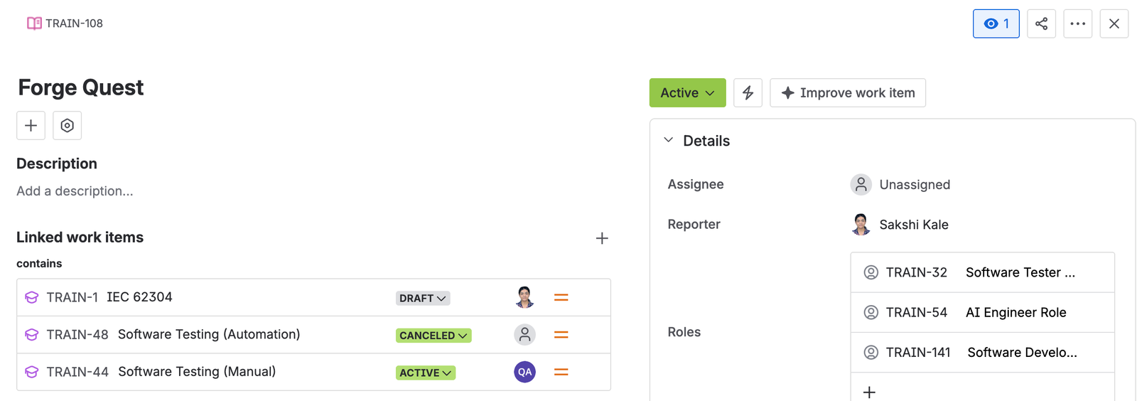 A curriculum in Active status, listing the training requirements it contains and the roles it applies to.