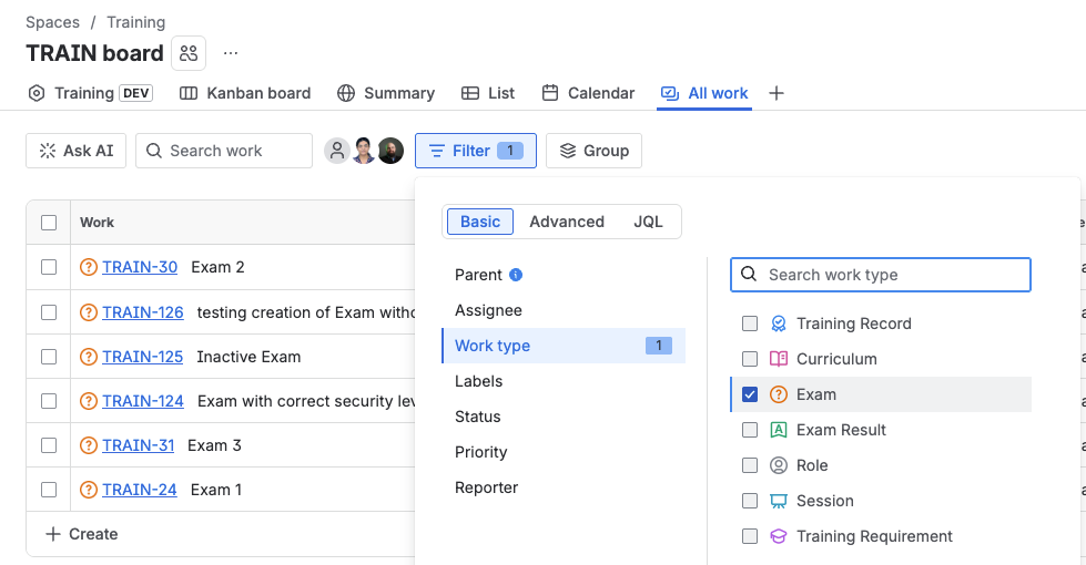 Exam work items listed in the Training space All work tab, filtered on the Exam work type.