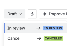 The status menu on a Draft exam, offering In review.