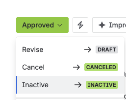 The status menu offering Inactive, to retire the old exam.