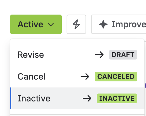 The status menu on an active requirement, offering Inactive.