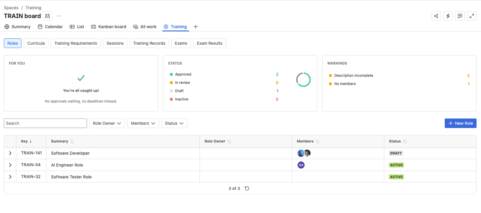 The Roles view on the Training dashboard, with New Role at the right of the filter row.
