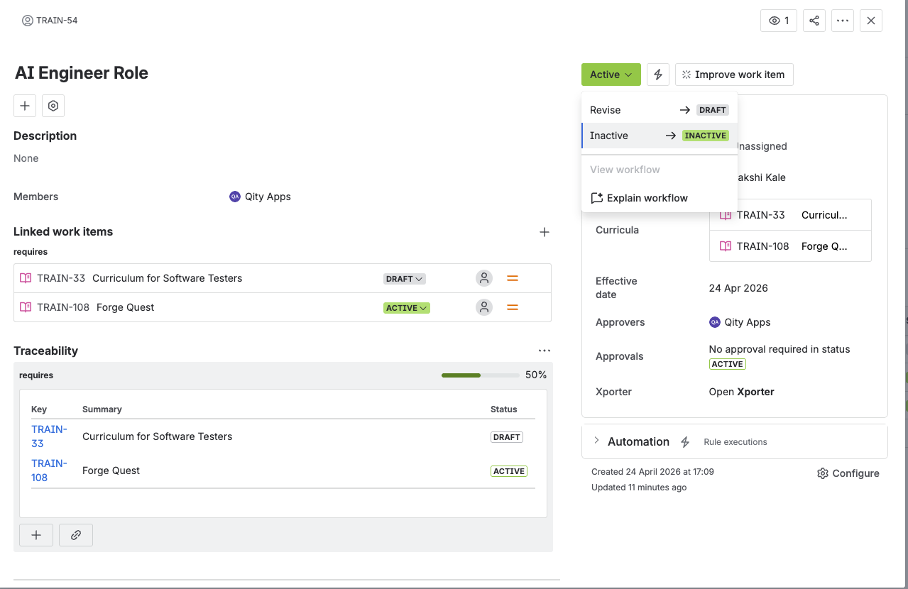 An active role with its status menu open, offering both Revise and Inactive.