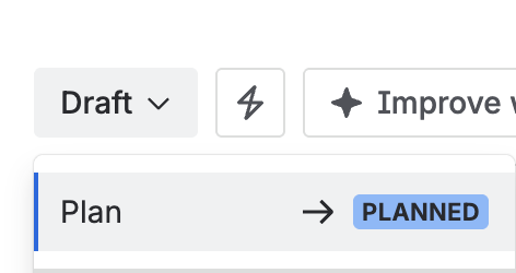The status menu on a Draft session, offering Plan.
